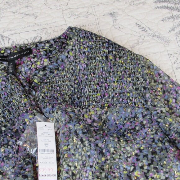 NEW $160 WHBM Smocked Blouson Dress sheer long slv touch of metalic womens sz  M - Picture 6 of 7